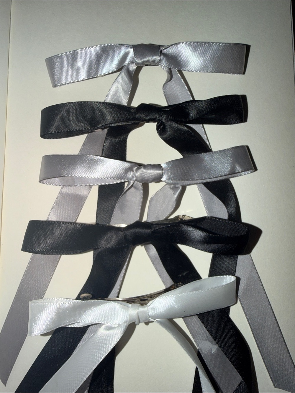5 Satin Ribbon Bow Hair Clips - Black, Silver, White